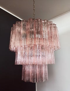 Large Three-Tier Murano Pink Glass Tube Chandelier, 52 Glasses
