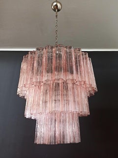 Large Three-Tier Murano Pink Glass Tube Chandelier, 52 Glasses