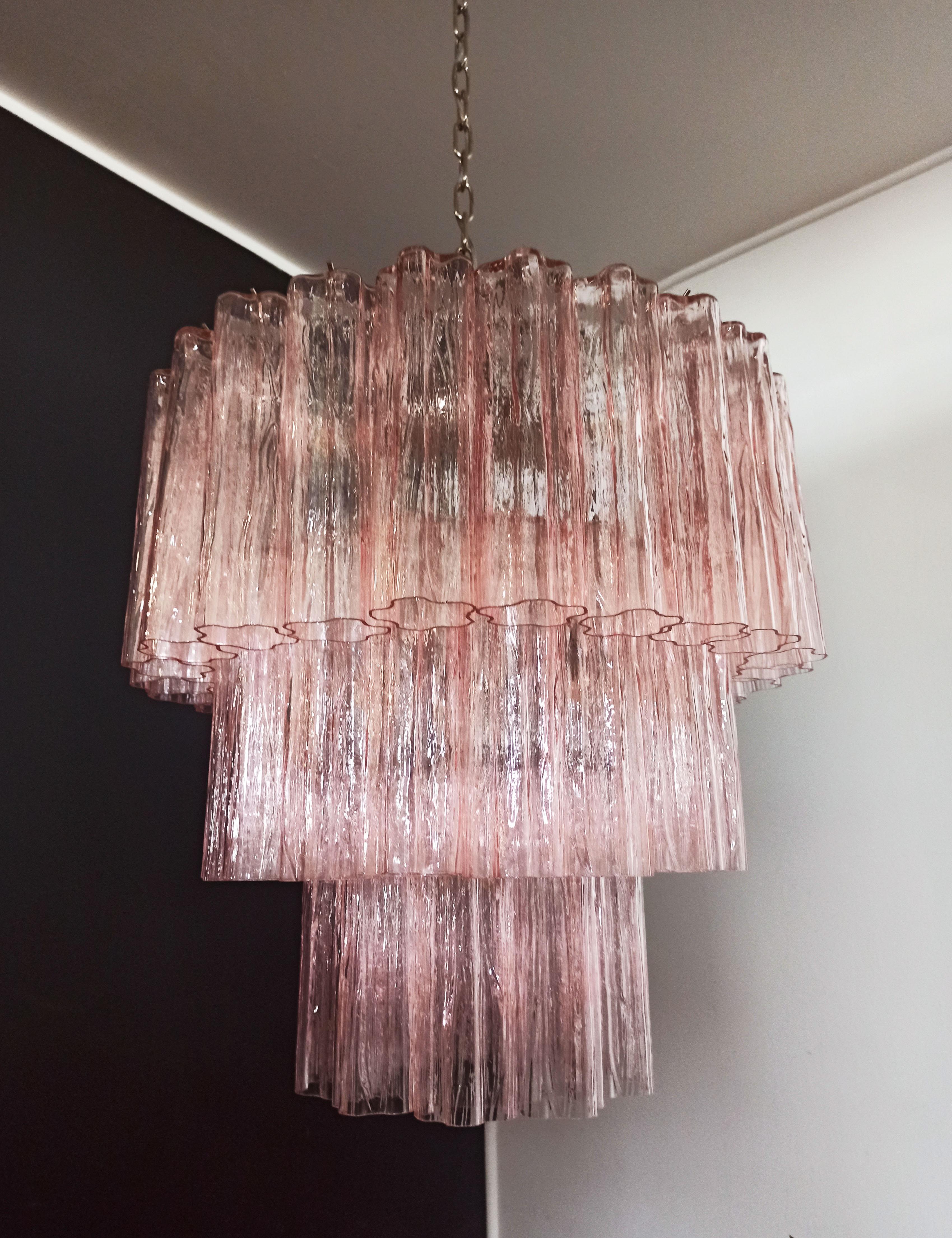 Mid-Century Modern Large three-Tier Murano PINK Glass Tube Chandelier - 52 glasses For Sale