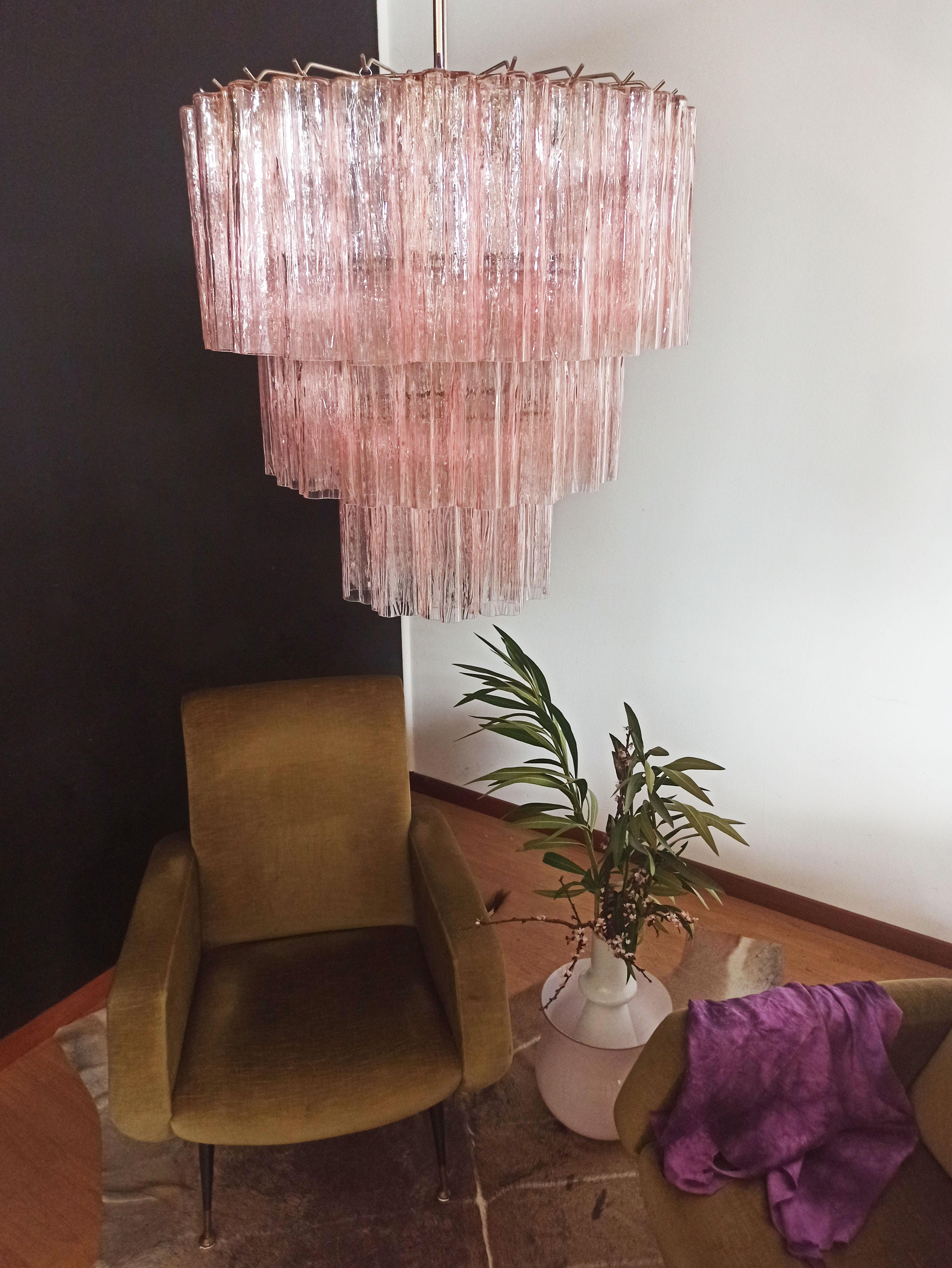 Italian Large three-Tier Murano PINK Glass Tube Chandelier - 52 glasses For Sale