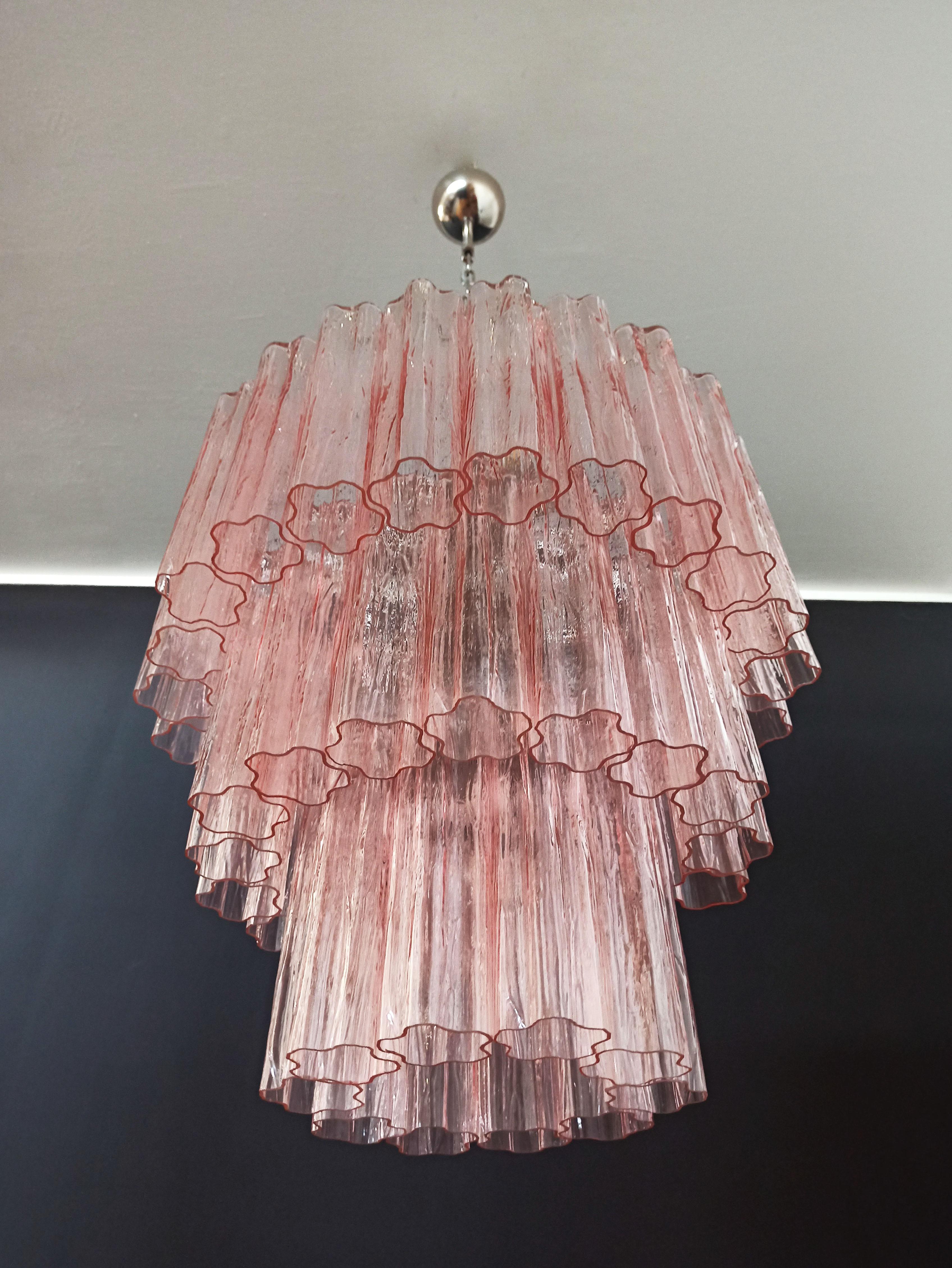 20th Century Large three-Tier Murano PINK Glass Tube Chandelier - 52 glasses For Sale