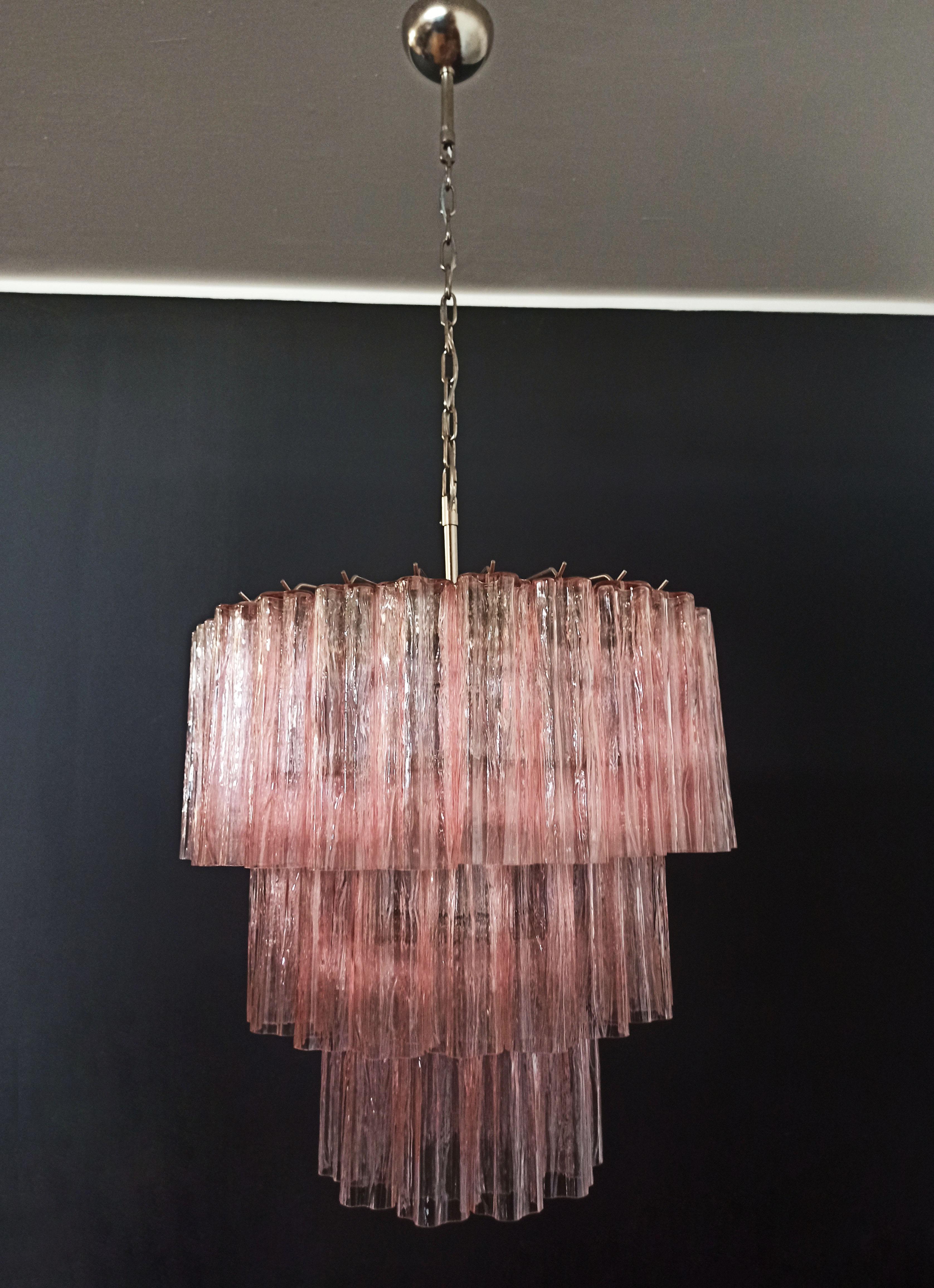 Blown Glass Large three-Tier Murano PINK Glass Tube Chandelier - 52 glasses For Sale