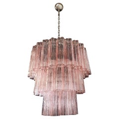 Large Three-Tier Murano Pink Glass Tube Chandelier, 52 Glasses