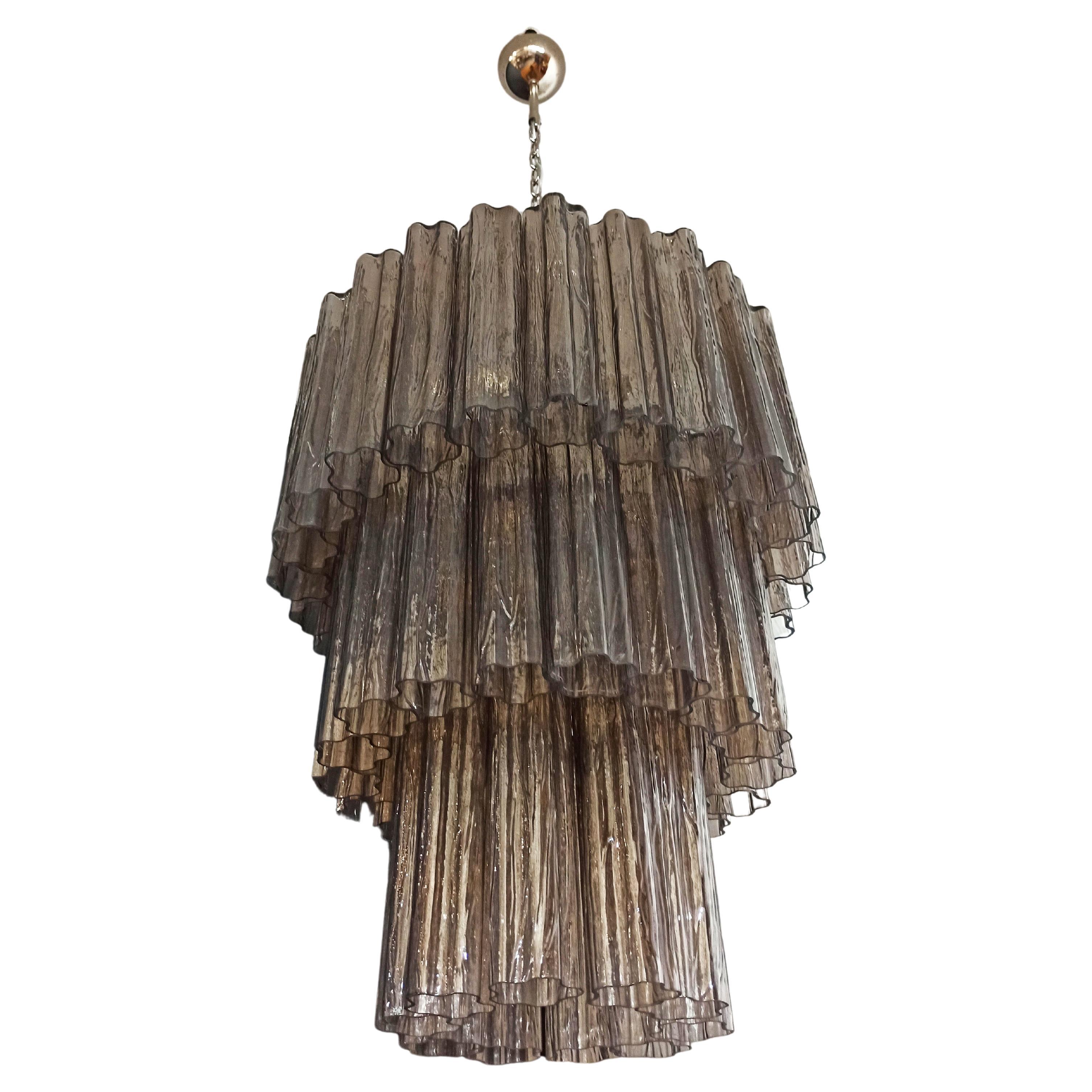 Large Three-Tier Murano Smoked Glass Tube Chandelier, 52 Glasses For Sale
