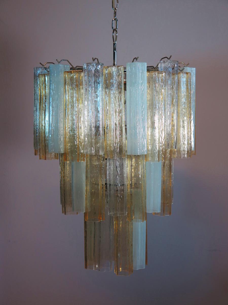 Pair Large Three-Tier Venini Murano Glass Tube Chandelier. 1980s For Sale 3