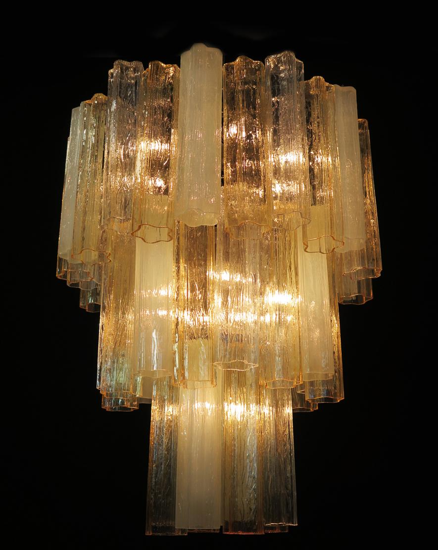 Pair Large Three-Tier Venini Murano Glass Tube Chandelier. 1980s For Sale 9
