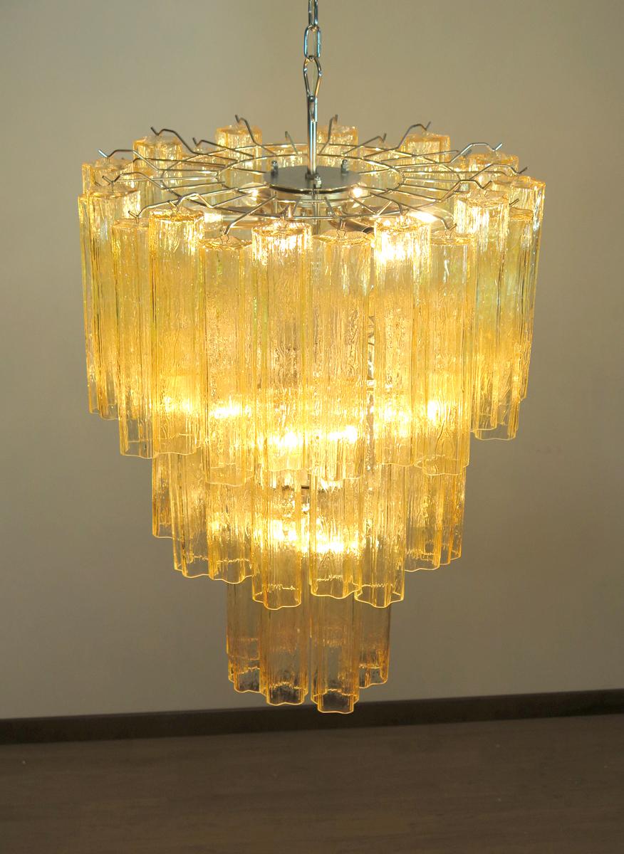 Mid-Century Modern Large Three-Tier Venini Murano Glass Tube Chandelier - 48 Glasses Clear Amber