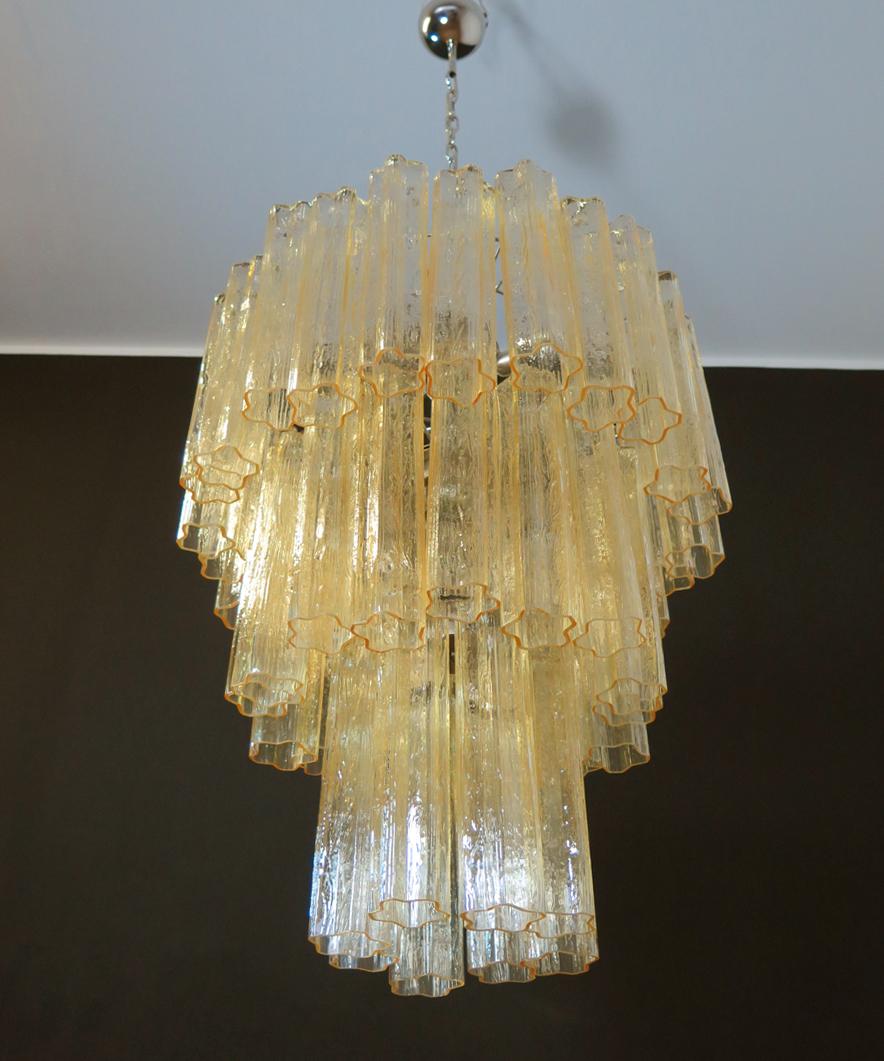 Large Three-Tier Venini Murano Glass Tube Chandelier - 48 Glasses Clear Amber (Geblasenes Glas)