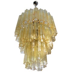Large Three-Tier Venini Murano Glass Tube Chandelier - 48 Glasses Clear Amber