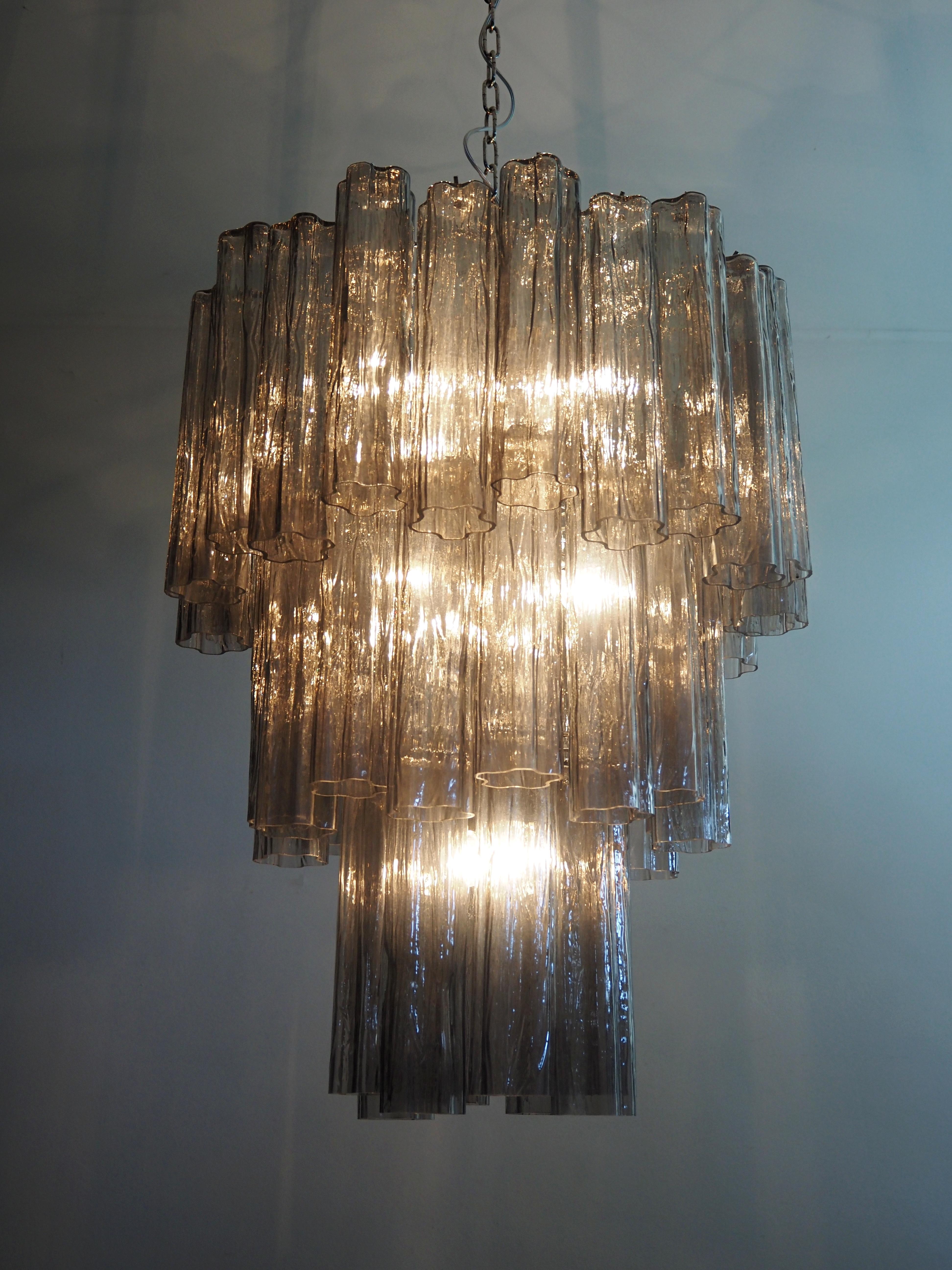 20th Century Large three-Tier Venini Murano Glass Tube Chandelier - 48 smoked glasses For Sale