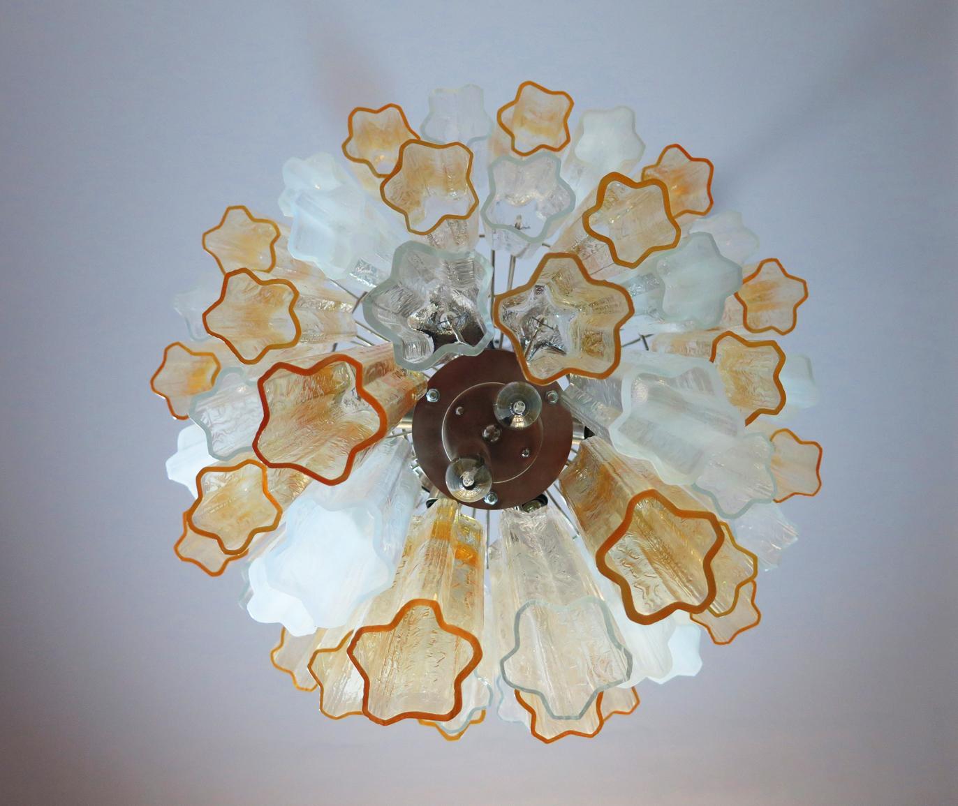 Mid-Century Modern Large Three-Tier Venini Murano Glass Tube Chandelier, Amber Opal Silk and Trasp For Sale