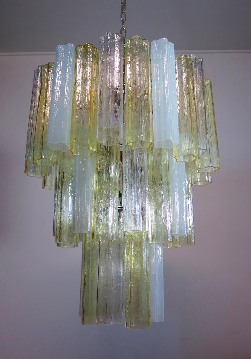 Italian Large Three-Tier Venini Murano Glass Tube Chandelier, Amber Opal Silk and Trasp For Sale