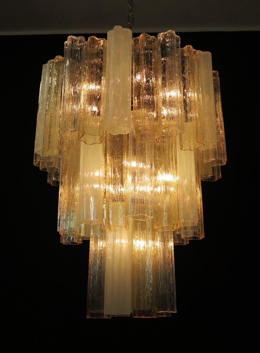 Late 20th Century Large Three-Tier Venini Murano Glass Tube Chandelier, Amber Opal Silk and Trasp