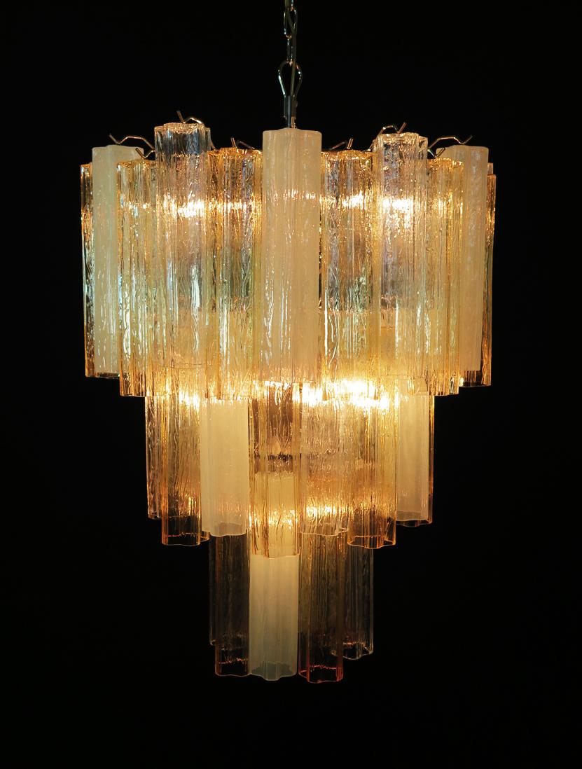 Large Three-Tier Venini Murano Glass Tube Chandelier, Amber Opal Silk and Trasp For Sale 1