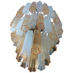 Large Three-Tier Venini Murano Glass Tube Chandelier, Amber Opal Silk and Trasp