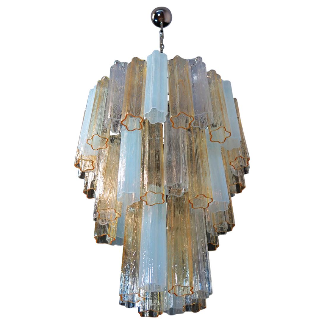 Large Three-Tier Venini Murano Glass Tube Chandelier, Amber Opal Silk and Trasp