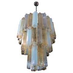 Grand lustre tube à trois niveaux en verre de Murano de Venini, soie opale ambrée et papier de verre