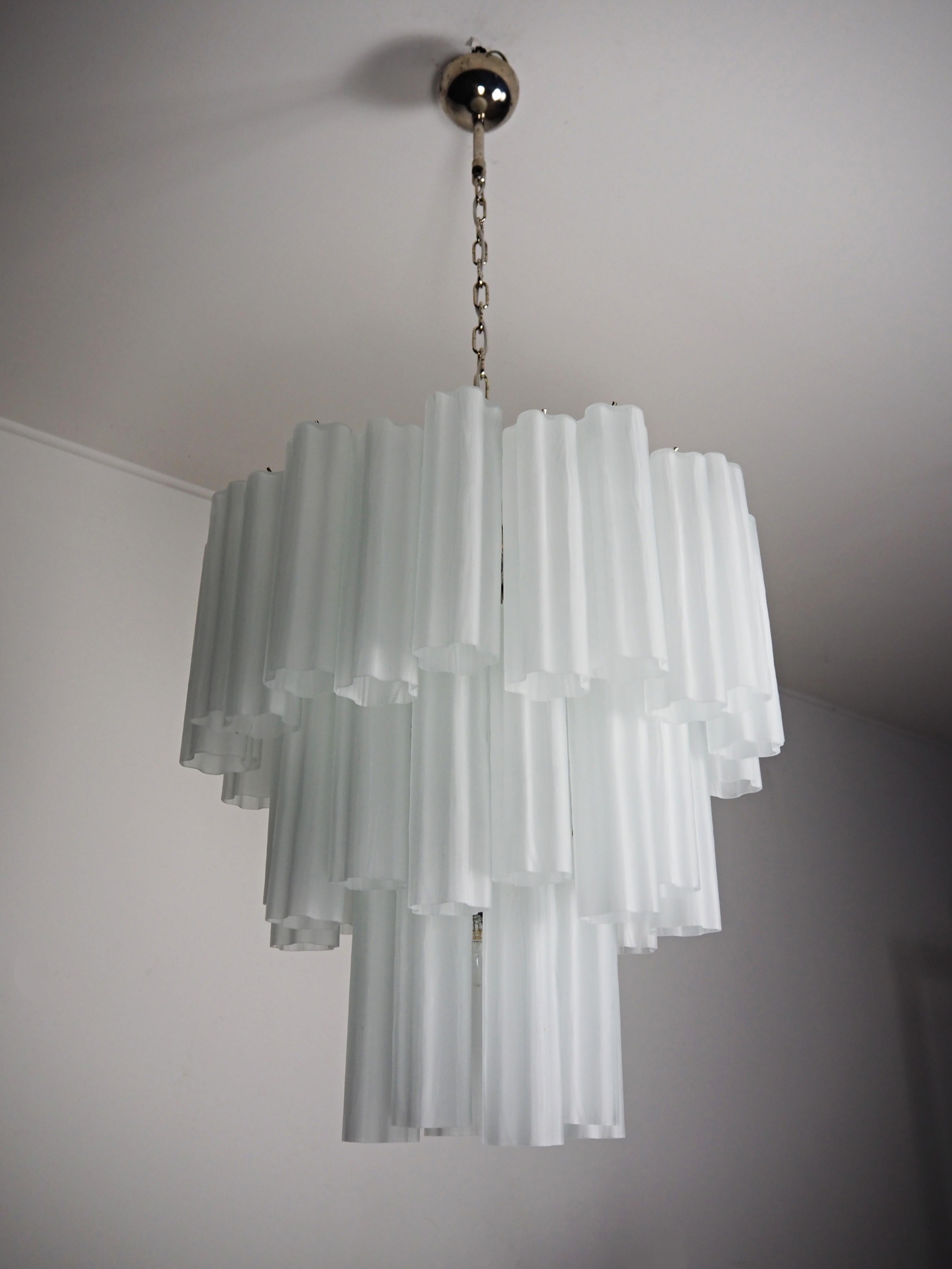 Mid-Century Modern Large three-Tier Venini Murano Glass Tube Chandelier - etched glass For Sale