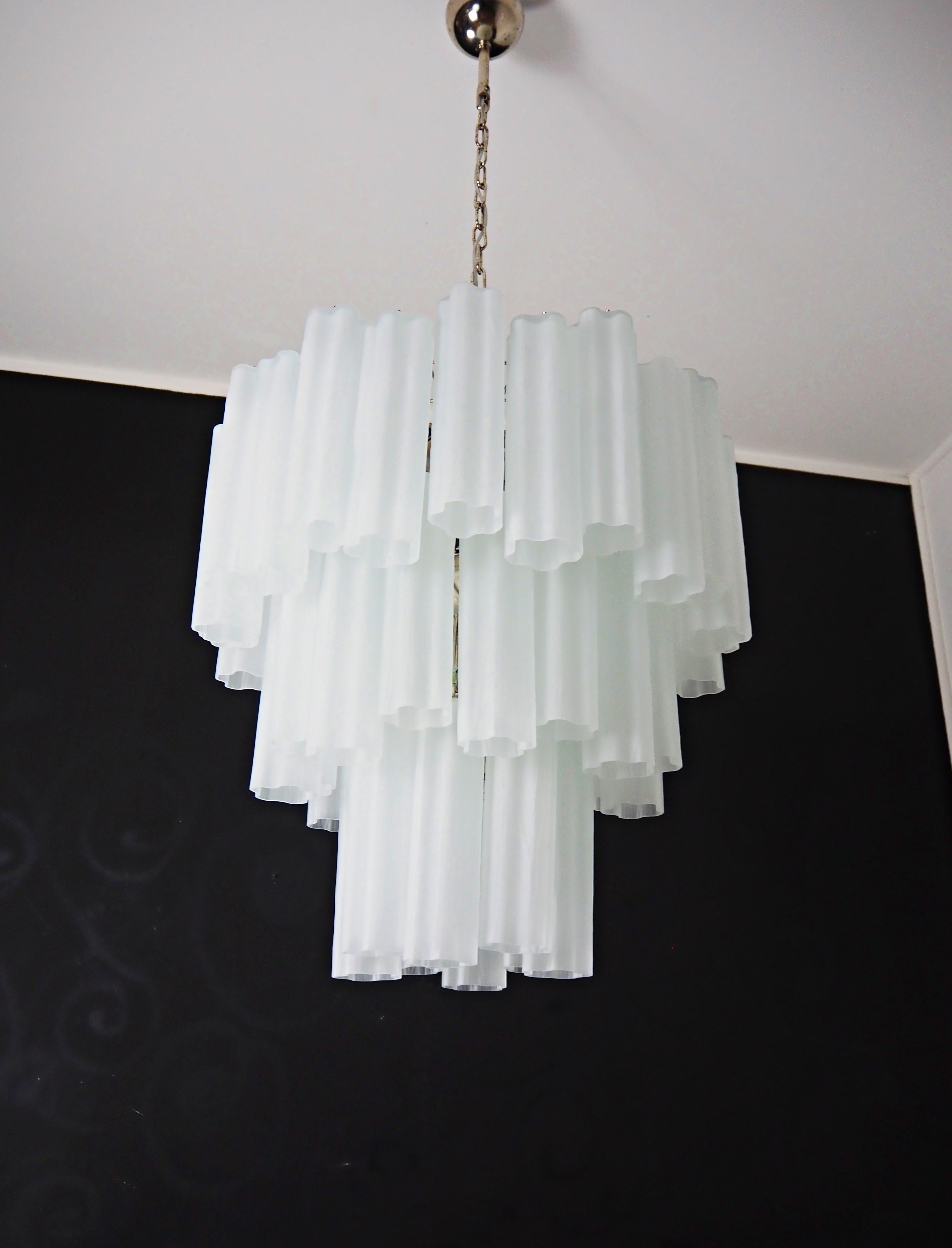 20th Century Large three-Tier Venini Murano Glass Tube Chandelier - etched glass For Sale