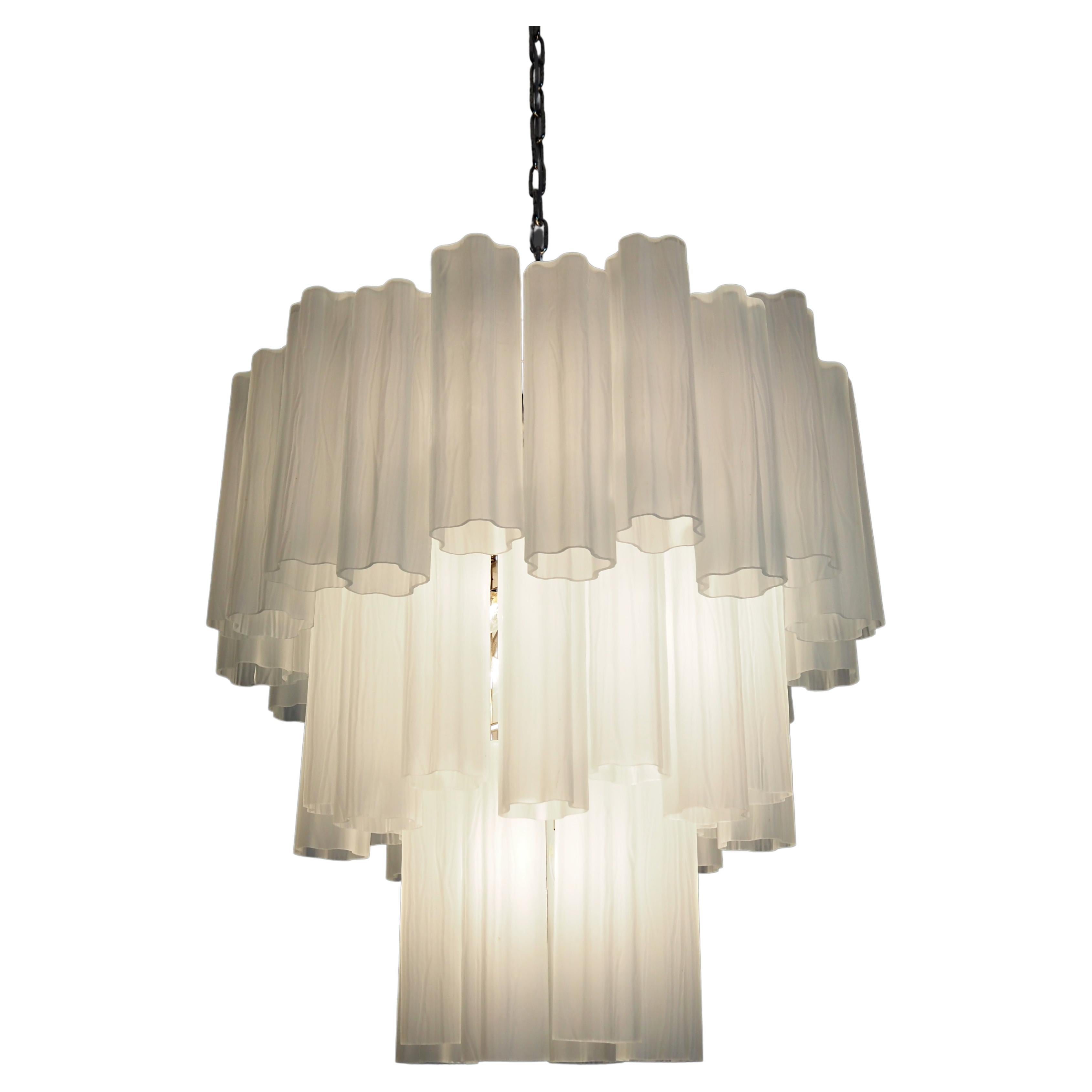 Large three-Tier Venini Murano Glass Tube Chandelier - etched glass For Sale