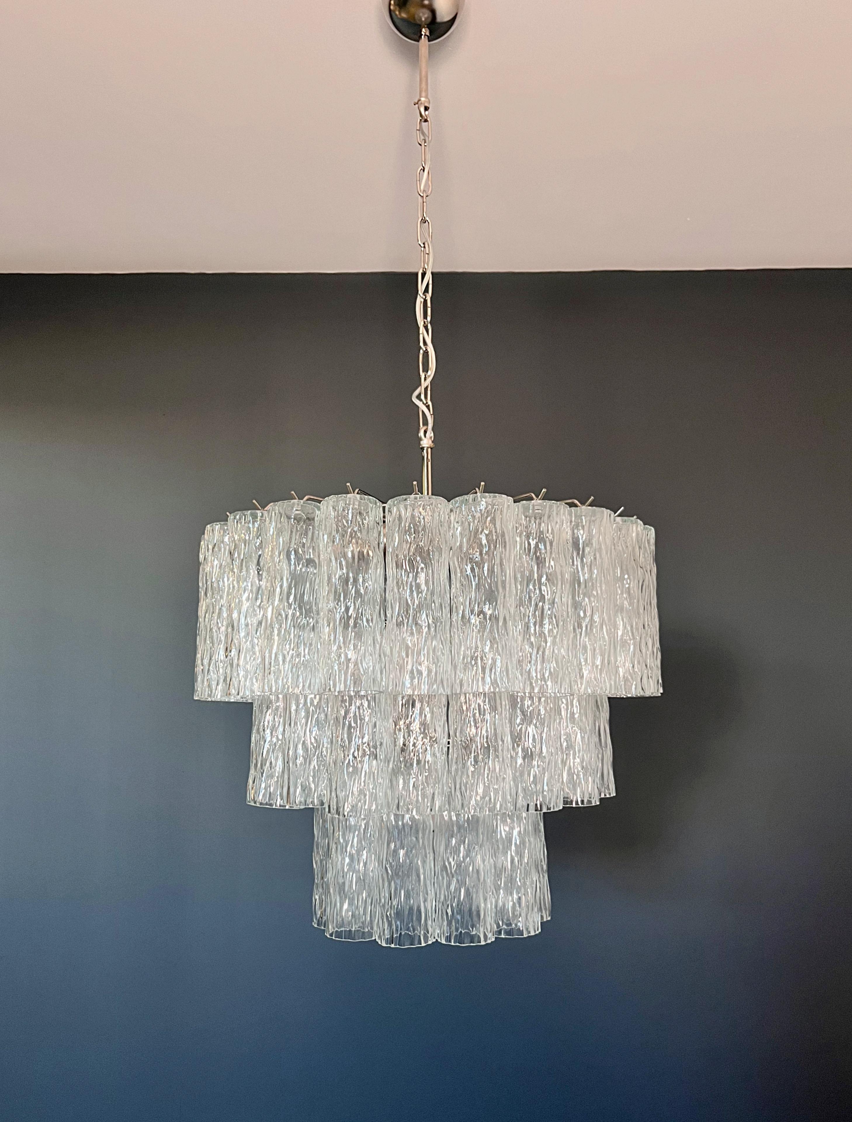 Galvanized Large three-Tier Venini Murano Glass Tube Chandelier For Sale