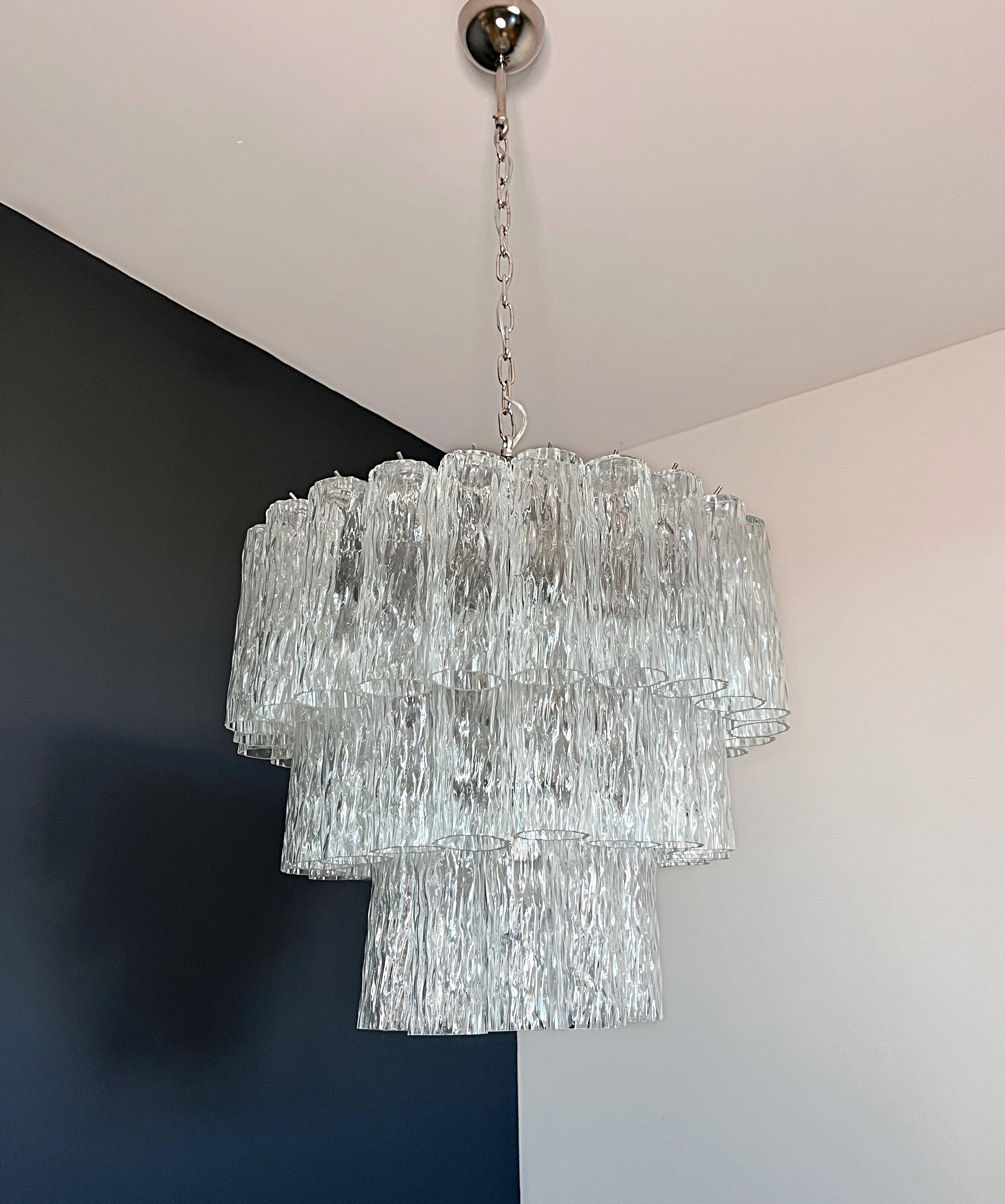 Blown Glass Large three-Tier Venini Murano Glass Tube Chandelier For Sale