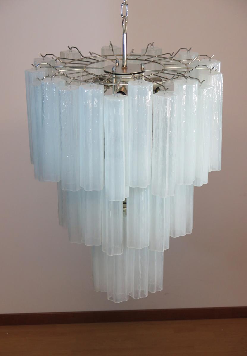 Large Three-Tier Venini Murano Glass Tube Chandelier, Opal Silk 2