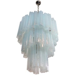 Large Three-Tier Venini Murano Glass Tube Chandelier, Opal Silk