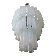 Large Three-Tier Venini Murano Glass Tube Chandelier, Opal Silk