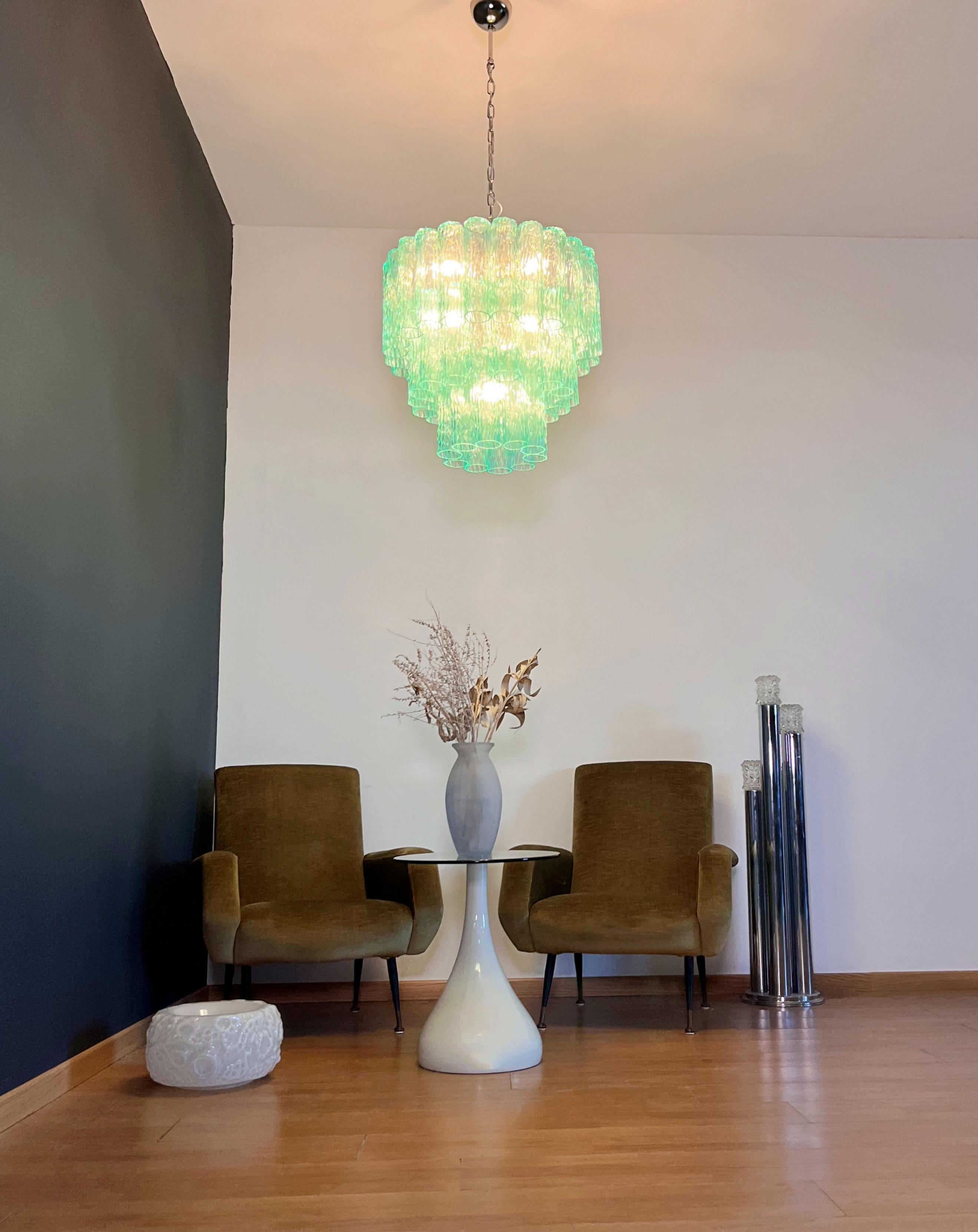 Grande a tre piani di Venini Murano  Lampadario a tubo di vetro turchese in vendita 5