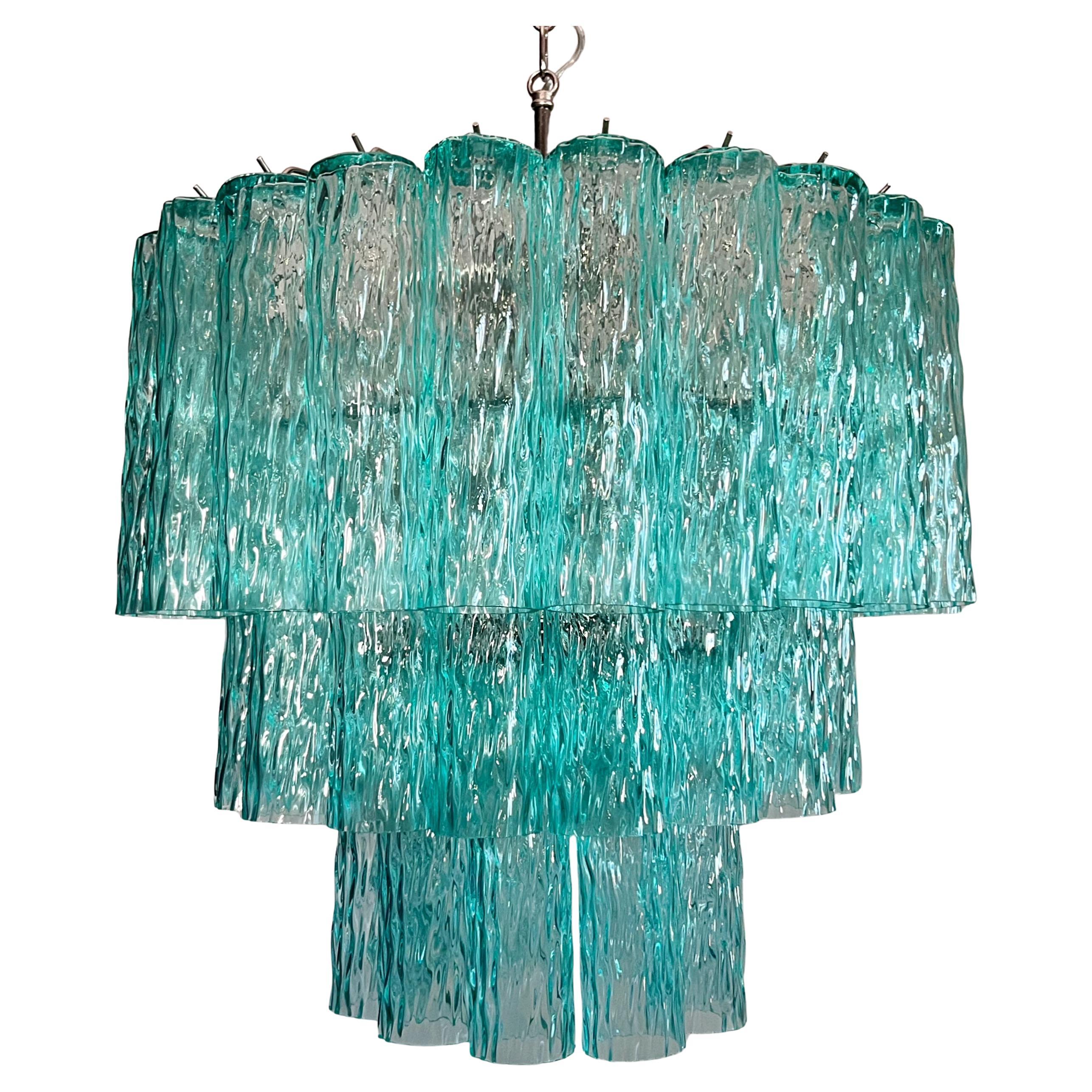 Large three-Tier Venini Murano  turquoise Glass Tube Chandelier