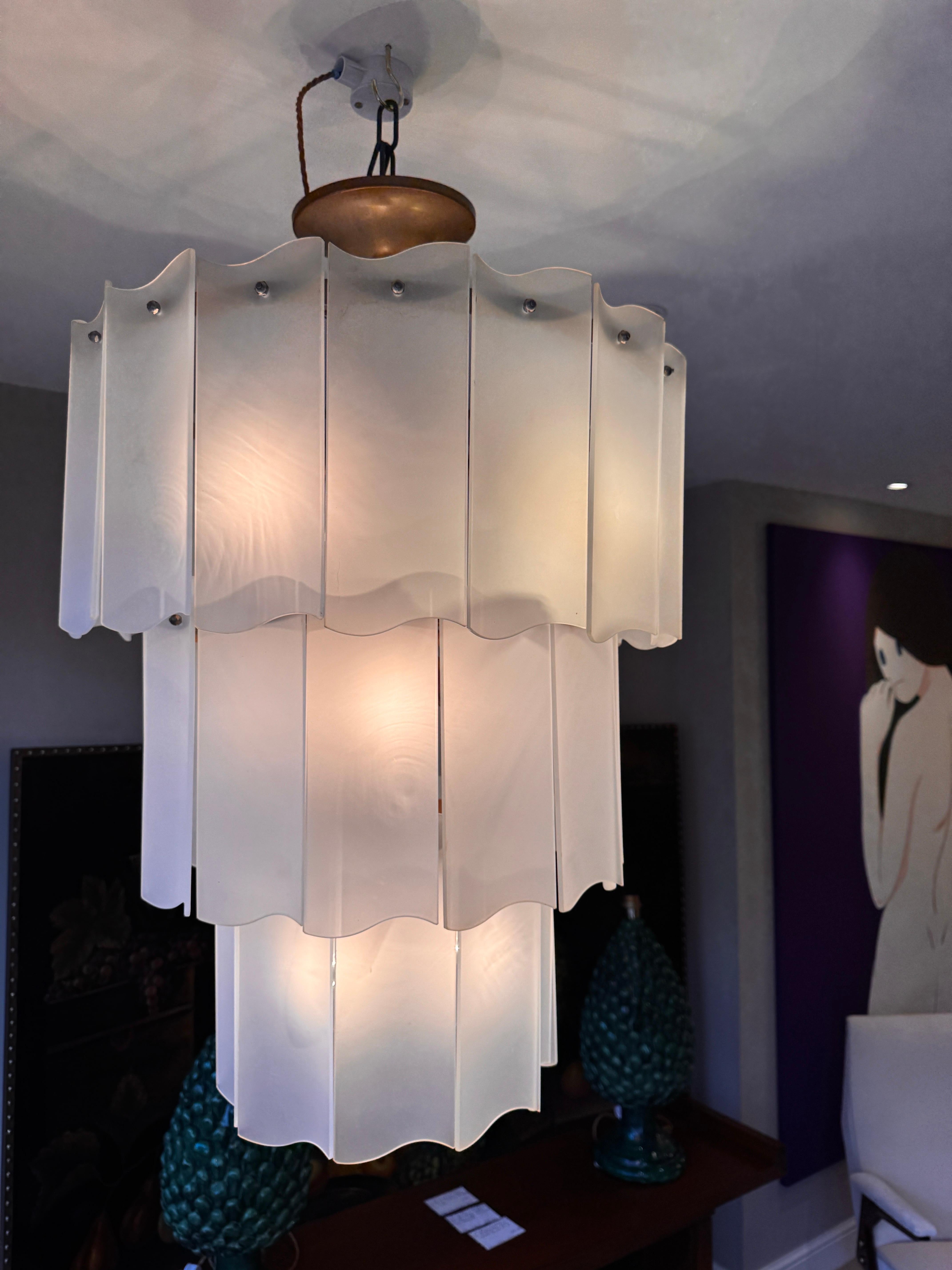 Brass Large Three tiered cascading Murano glass chandelier For Sale