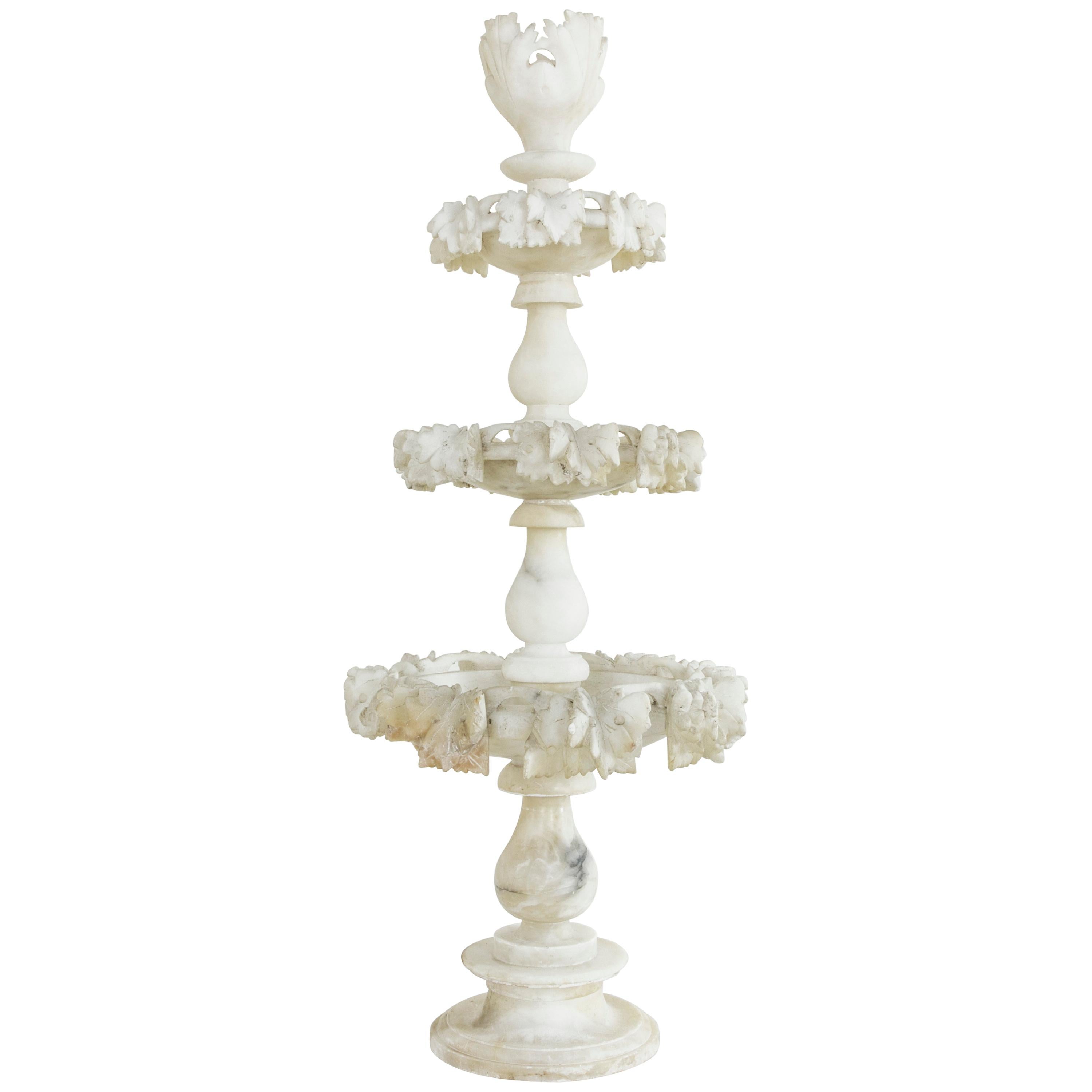 Large Three-Tiered French Hand-Carved Alabaster Serving Piece with Grapes