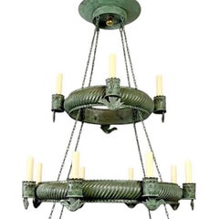 Large Three Tiered Painted Tole Chandelier with Birds on the body, 24 lights.