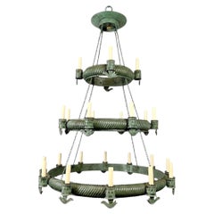 Large Three Tiered Painted Tole Chandelier with Birds on the body, 24 lights.
