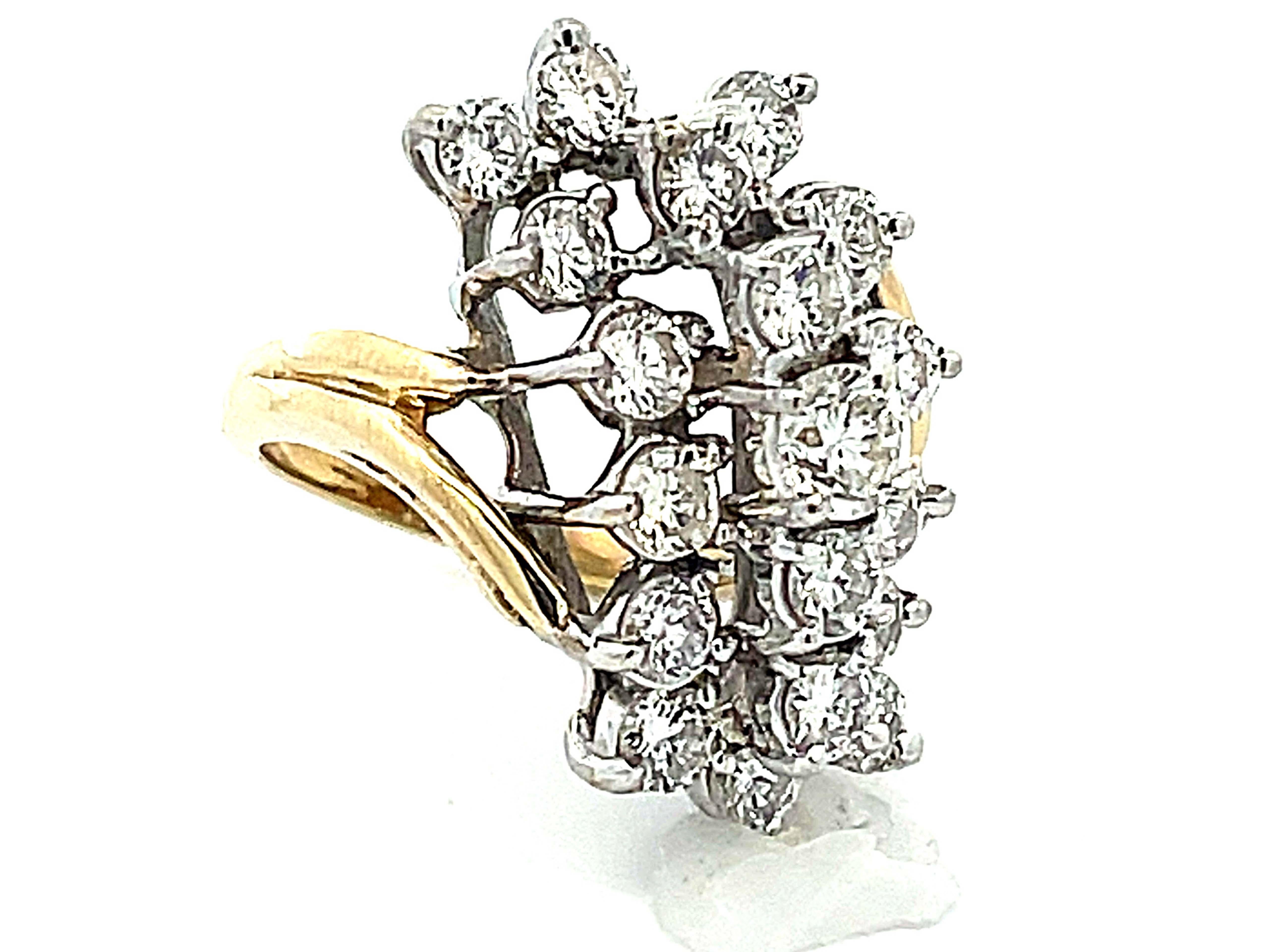 Modern Large Three Vertical Row Diamond Waterfall Ring in 14k White and Yellow Gold For Sale
