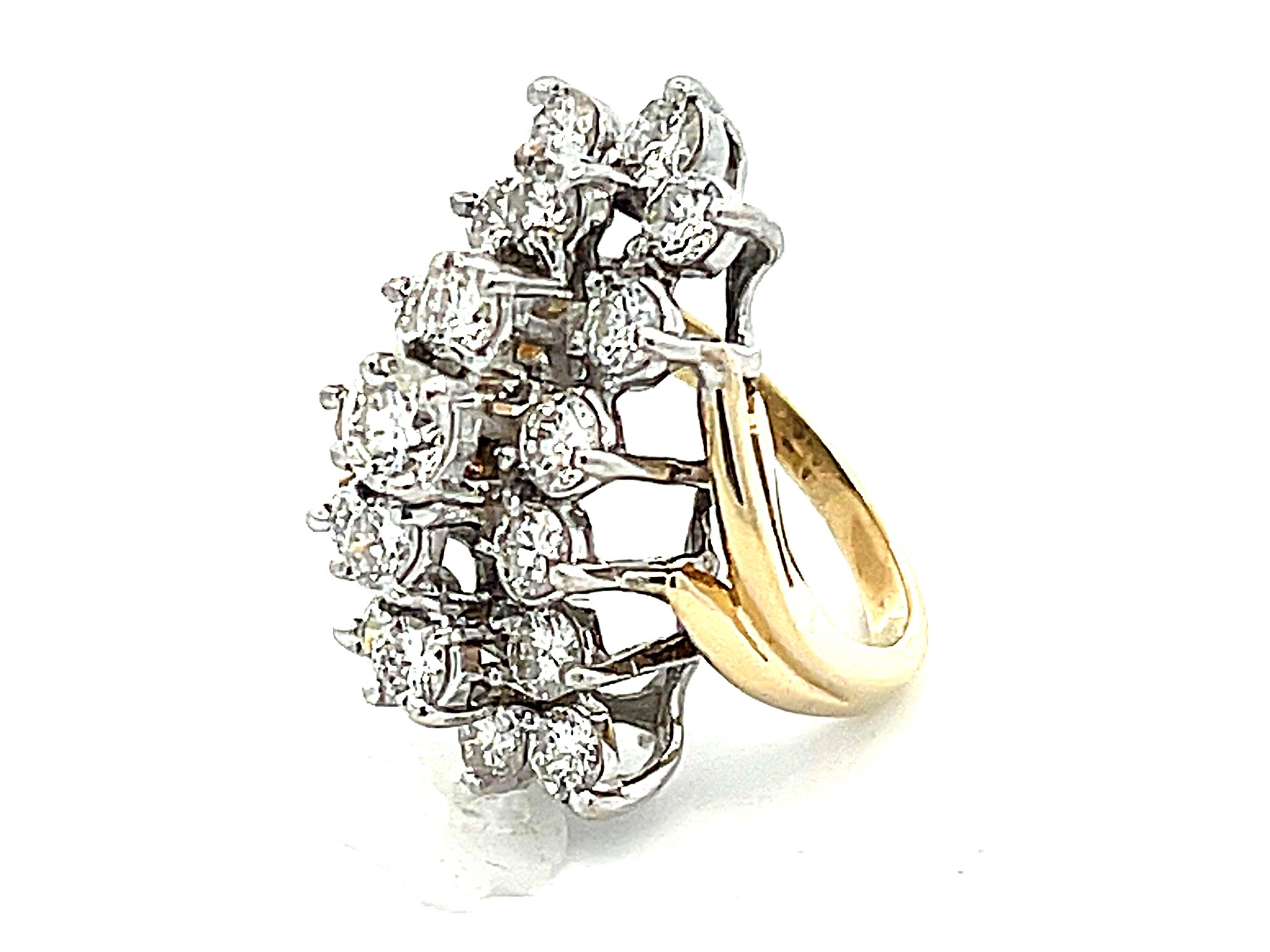 Brilliant Cut Large Three Vertical Row Diamond Waterfall Ring in 14k White and Yellow Gold For Sale