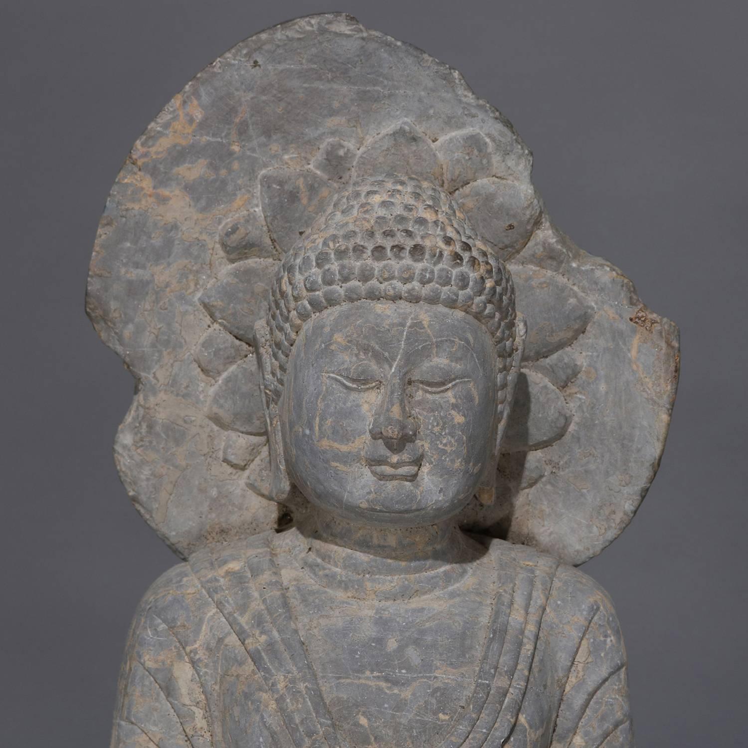Large Tibetan Buddha Carved Stone Sculpture on Marble Base, 20th Century In Good Condition In Big Flats, NY