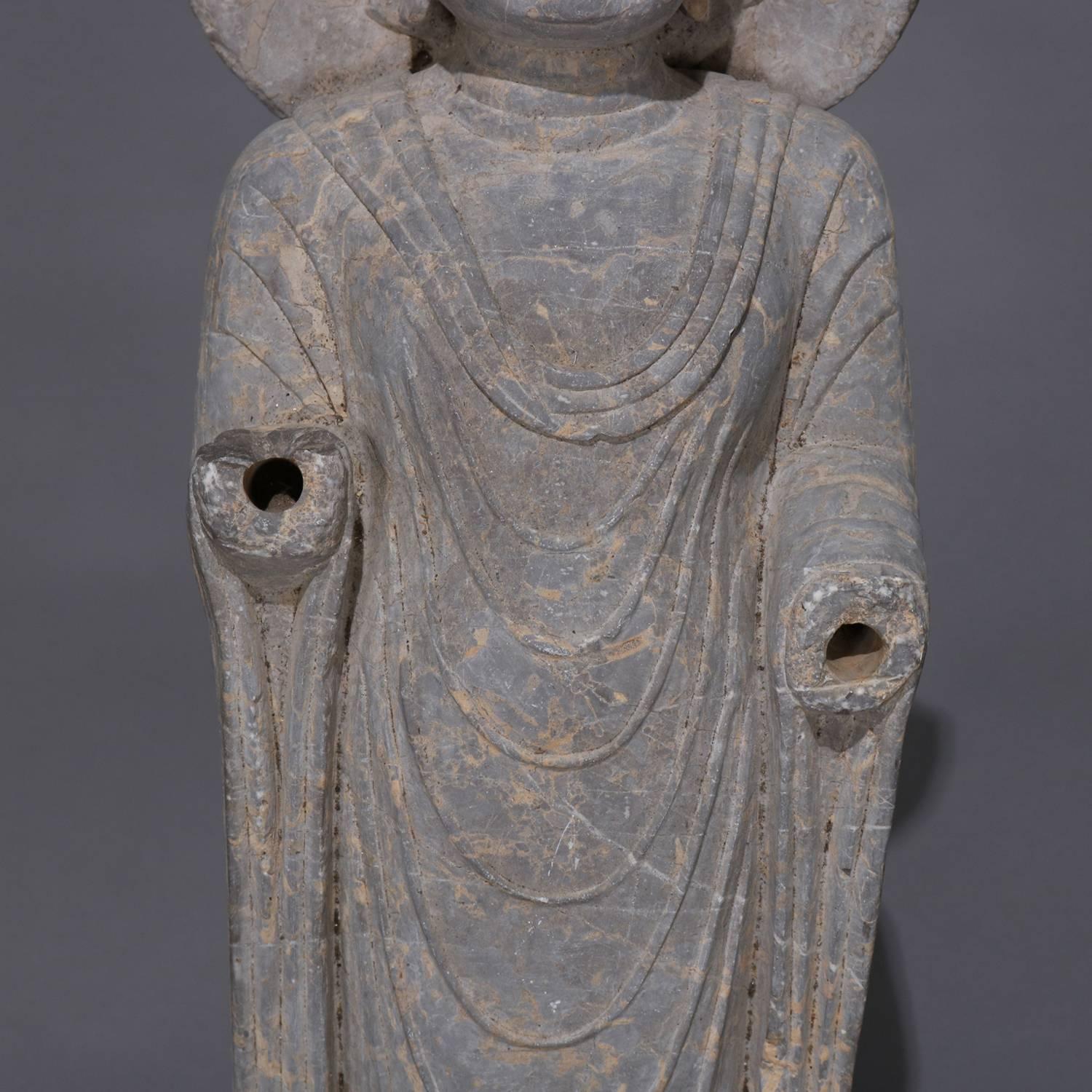 Large Tibetan Buddha Carved Stone Sculpture on Marble Base, 20th Century 1