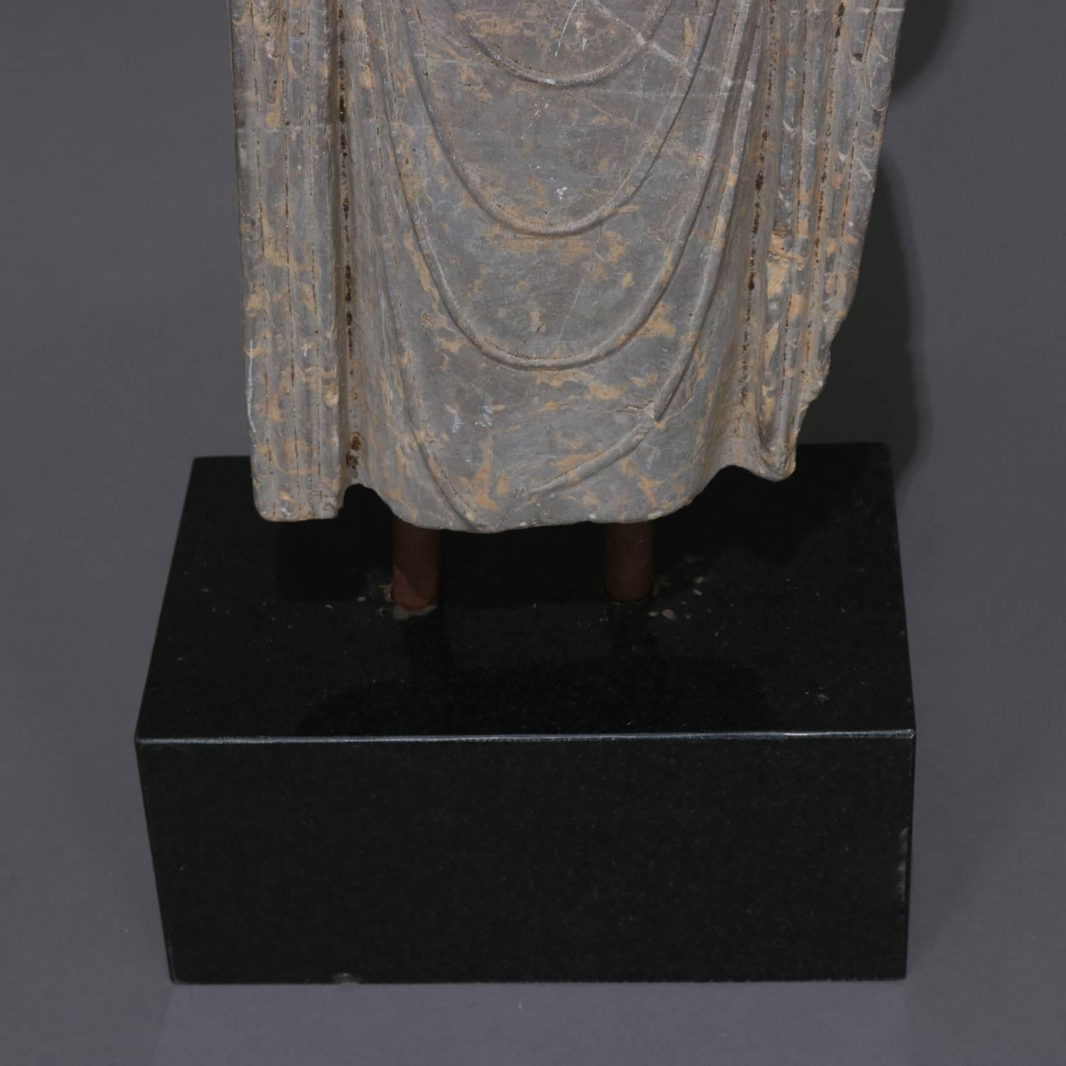 Large Tibetan Buddha Carved Stone Sculpture on Marble Base, 20th Century 2