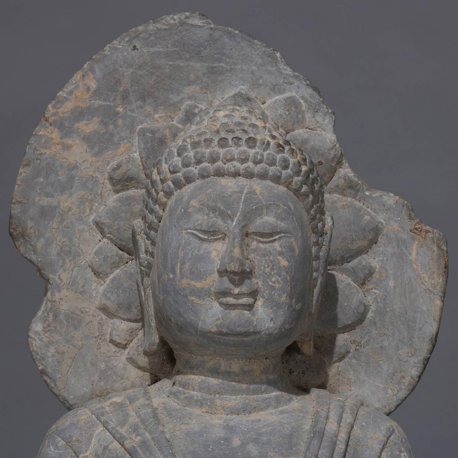 Large Tibetan Buddha Carved Stone Sculpture on Marble Base, 20th Century 5