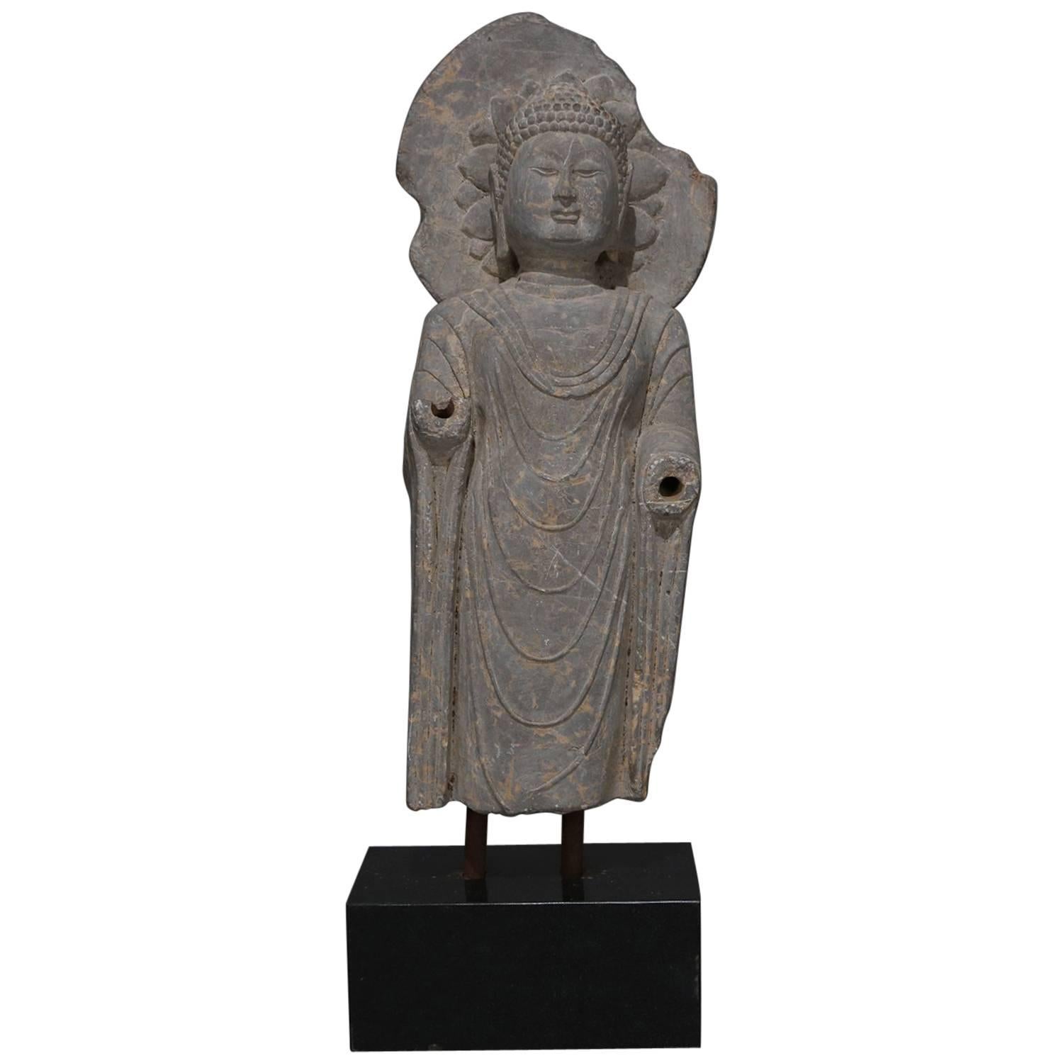 Large Tibetan Buddha Carved Stone Sculpture on Marble Base, 20th Century