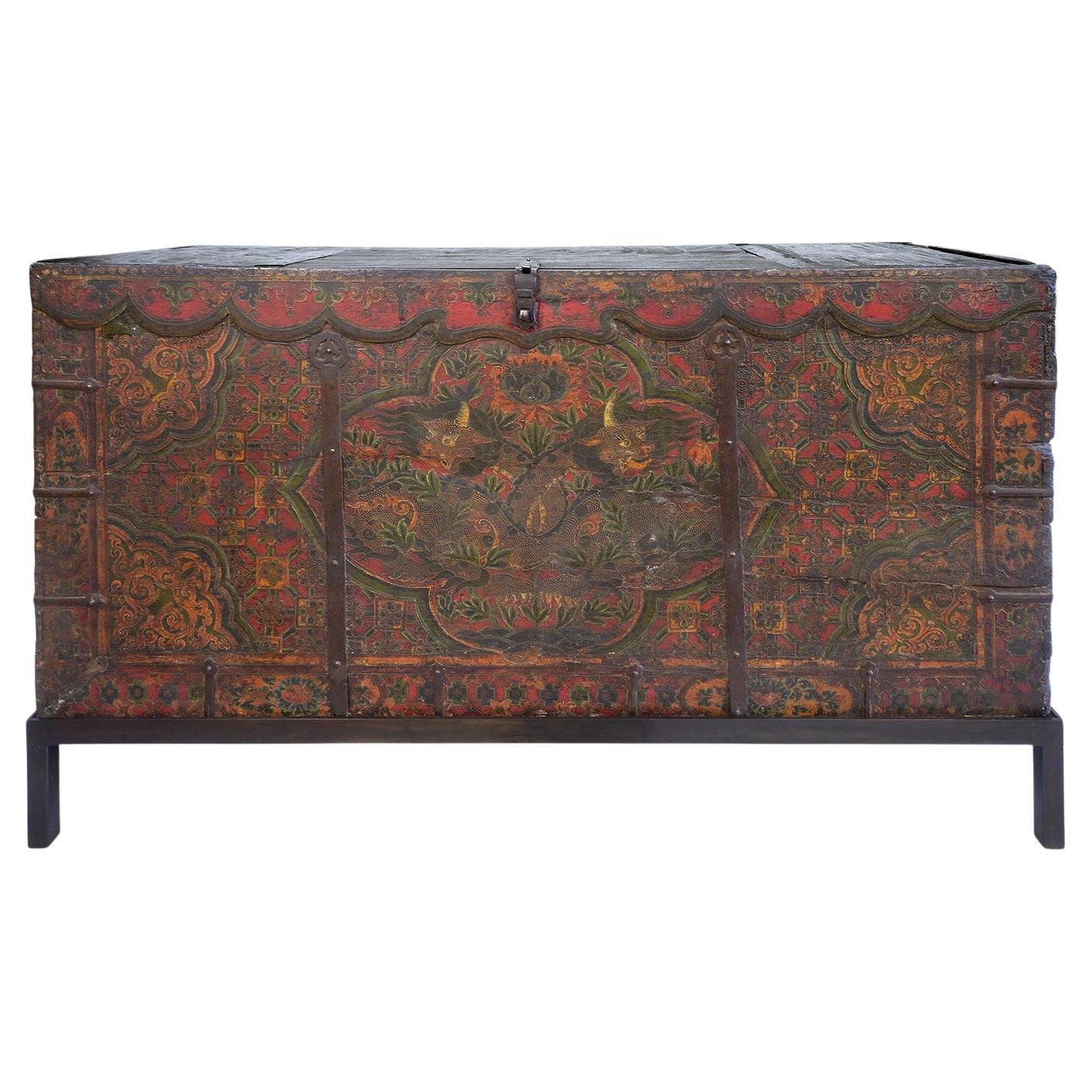 Large Tibetan Chest with Hand-Painted Front For Sale