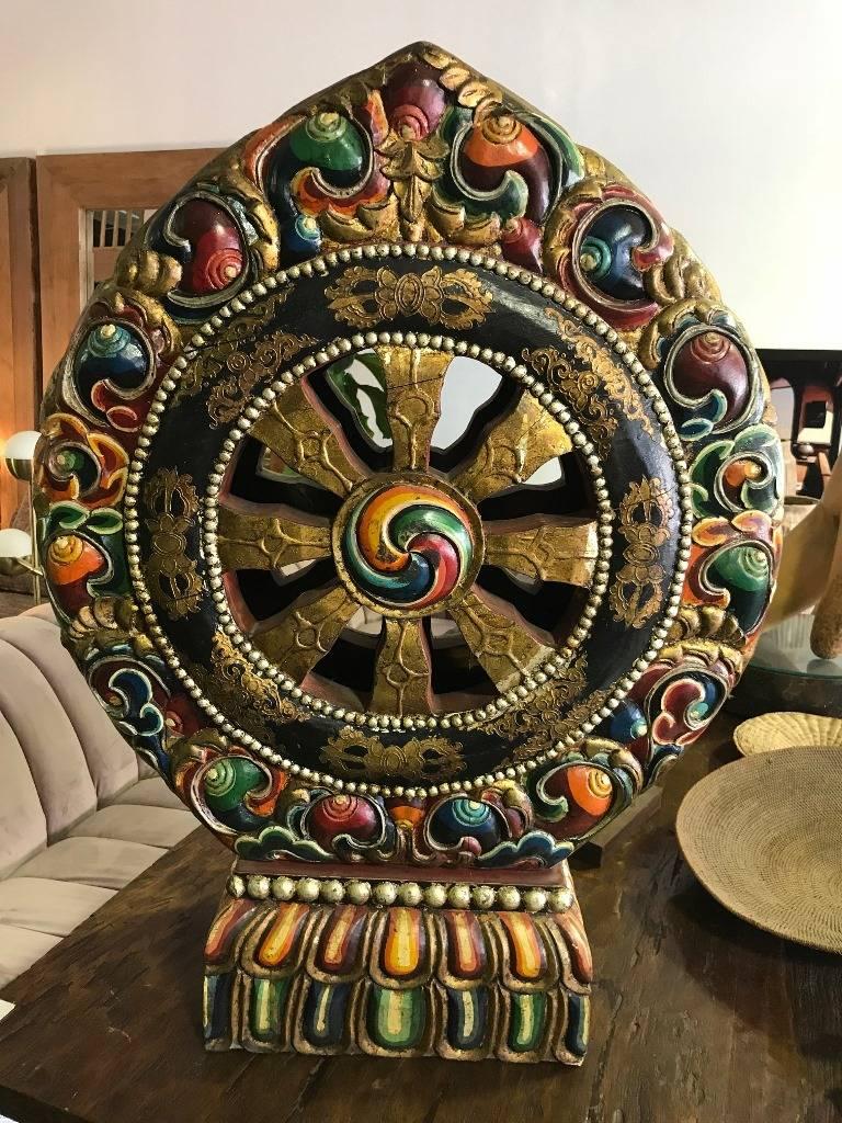 Tibetan Hand Carved and Painted Large Wood Temple Shrine Dharma Wheel 4