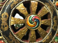 Tibetan Hand Carved and Painted Large Wood Temple Shrine Dharma Wheel