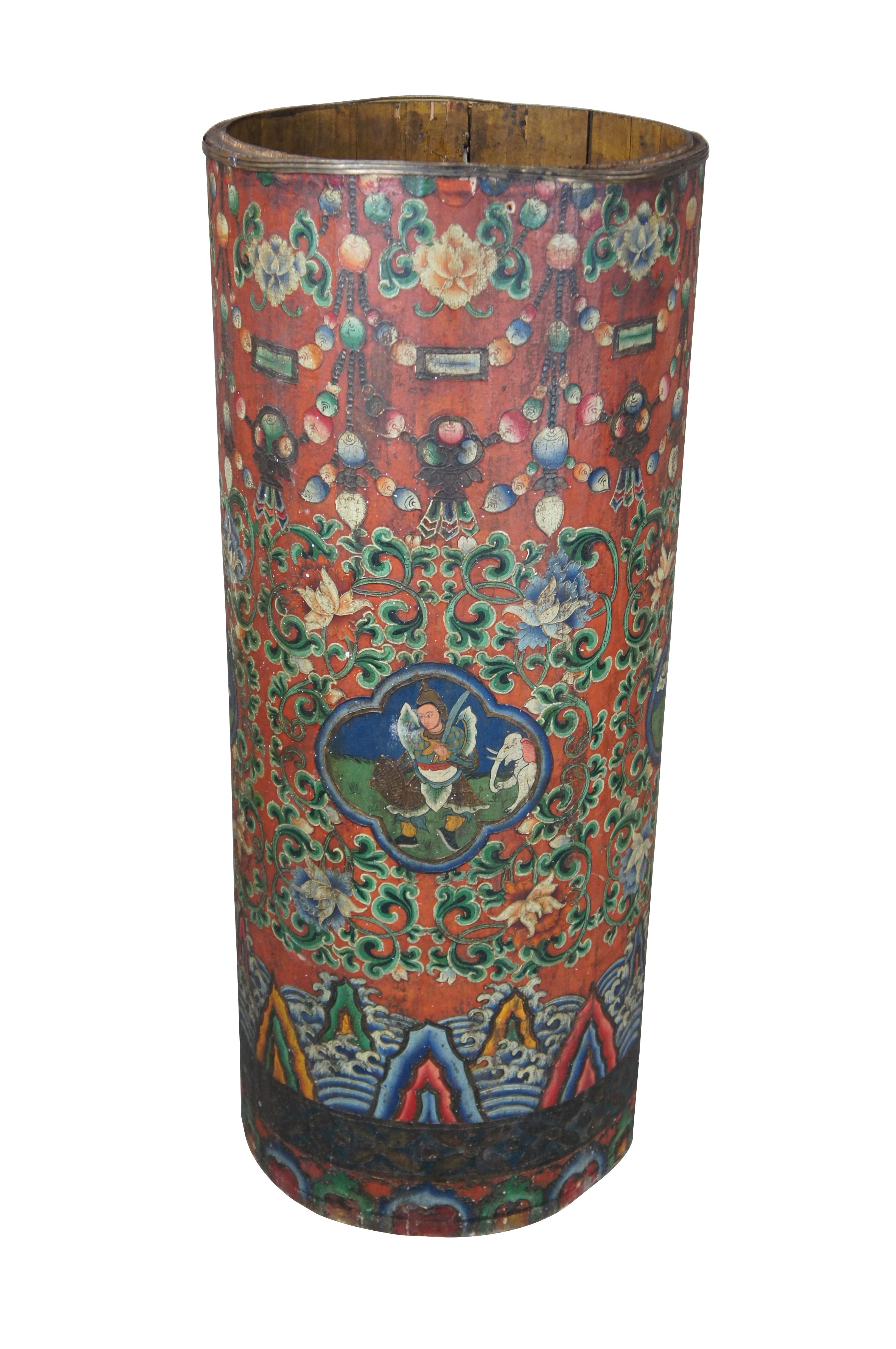 Large Tibetan Polychrome Cylindrical Storage Box Bin Umbrella Cane Stand 41