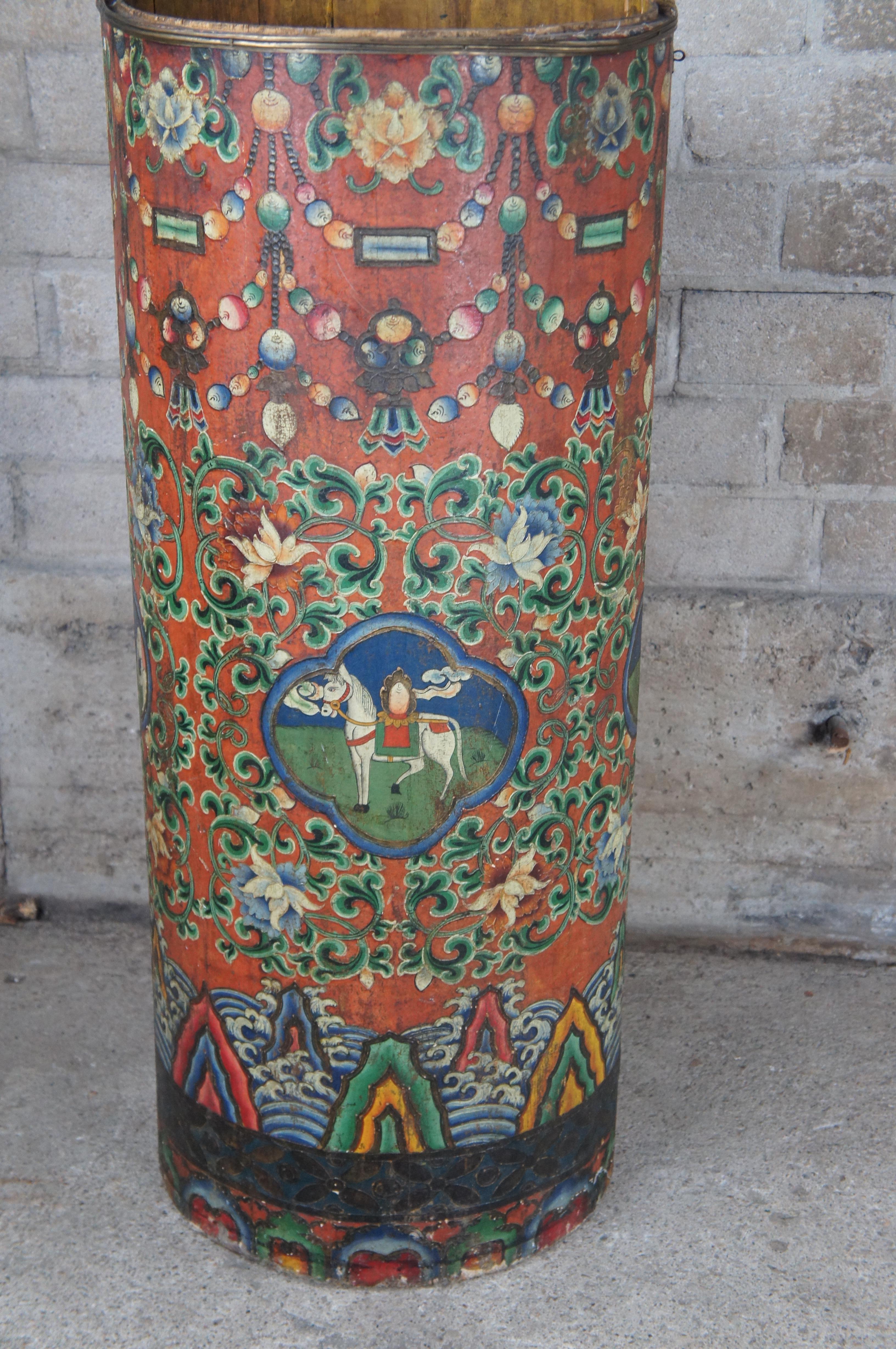 20th Century Large Tibetan Polychrome Cylindrical Storage Box Bin Umbrella Cane Stand 41