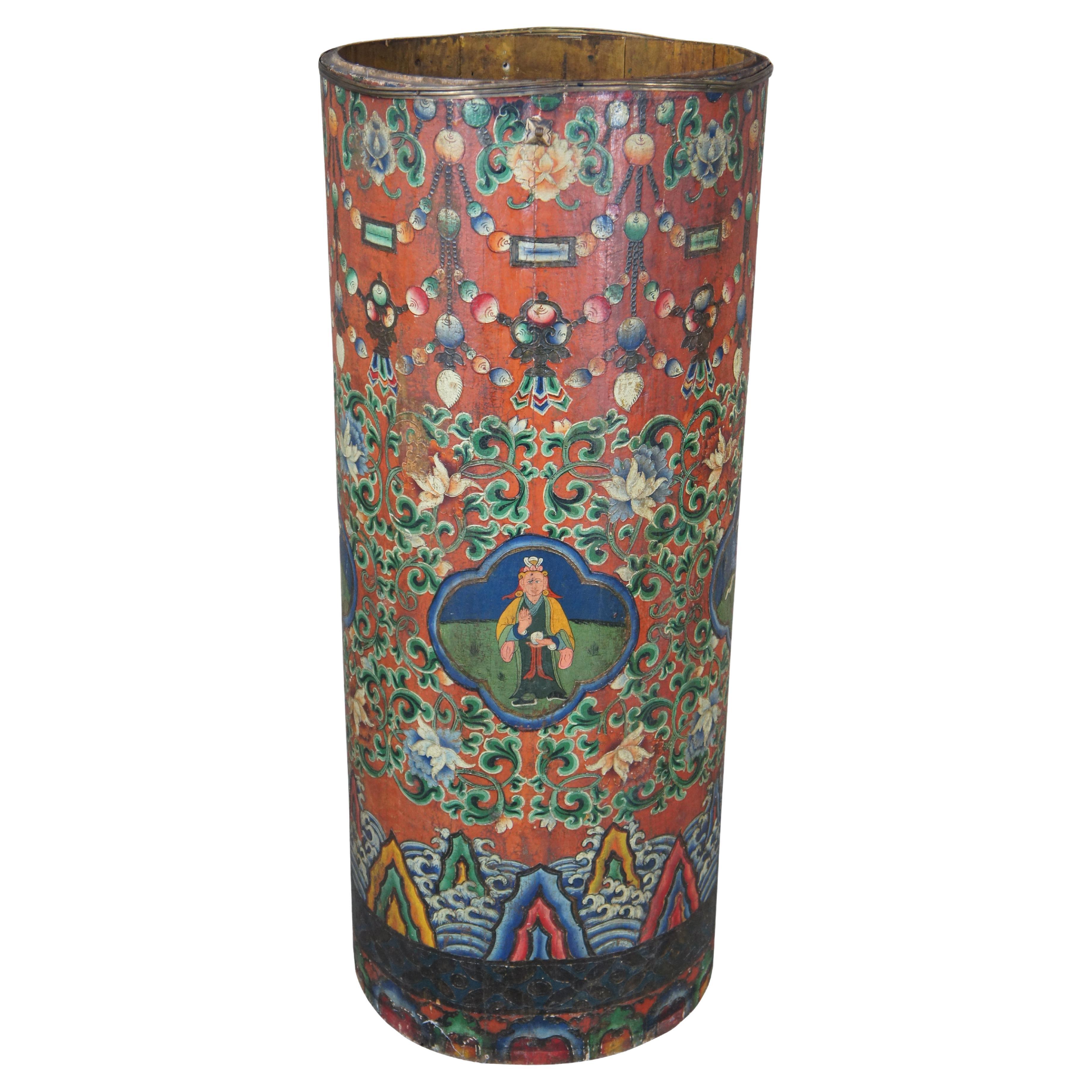 Large Tibetan Polychrome Cylindrical Storage Box Bin Umbrella Cane Stand 41" For Sale