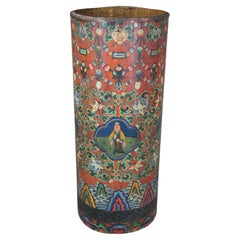 Large Tibetan Polychrome Cylindrical Storage Box Bin Umbrella Cane Stand 41"