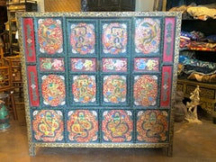 Large Tibetan Red Lacquer Altar Cabinet with Embossed Dragon Design